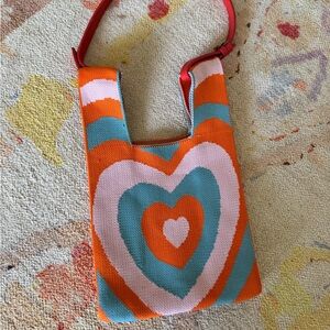 Free People Orange Blue Heart Knit Bag w/ Orange Leather Straps